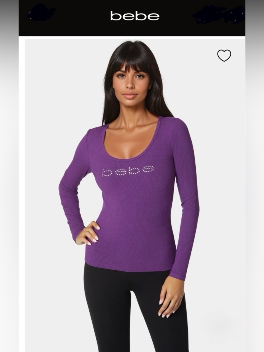 Bebe Logo Long Sleeve
Scoop Neck Single Stone Rib Top with Rhinestone Logo